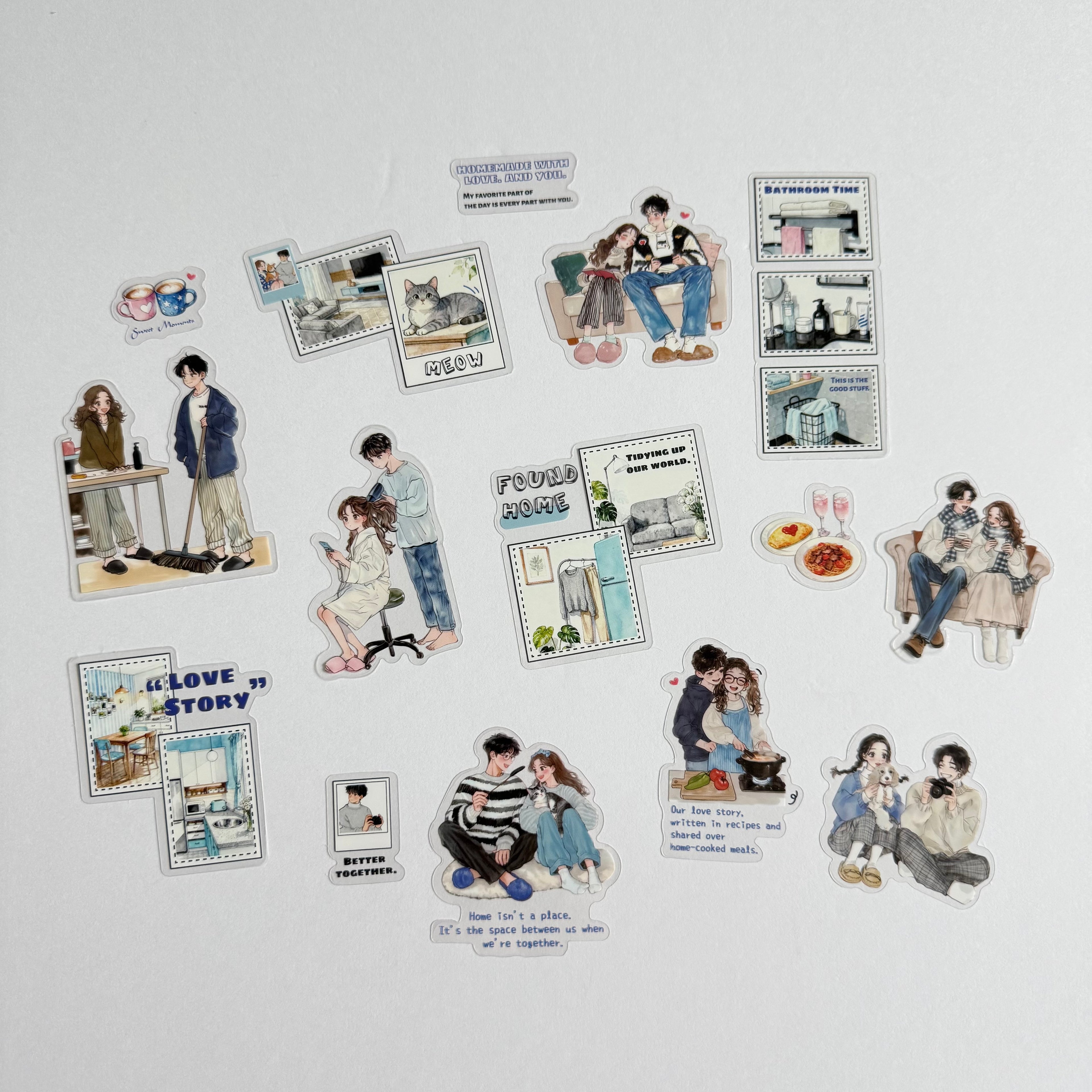💕 Cozy Everyday Love – Romantic Home Sticker Set (15 pcs) ☕🐾