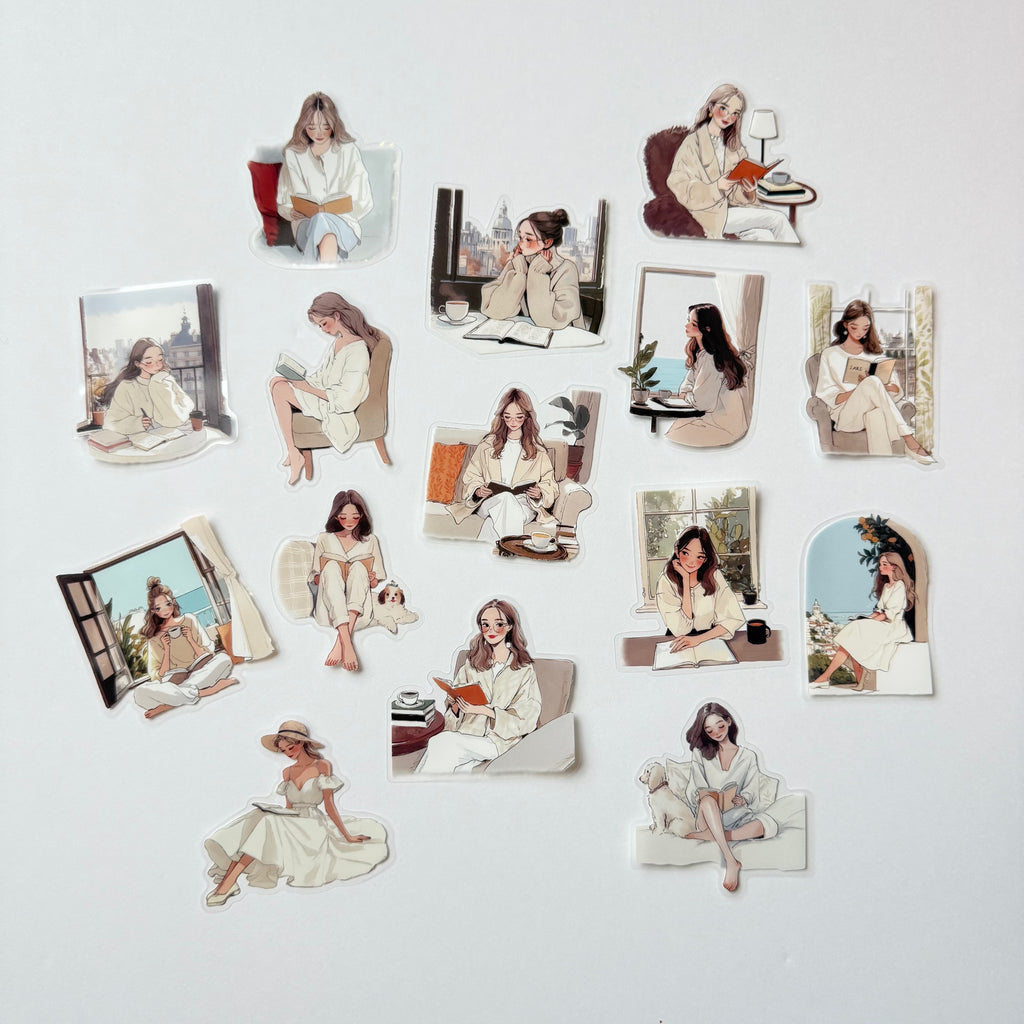 Soft Morning Rituals – Cozy Reading Sticker Set (15 pcs) ☕📖