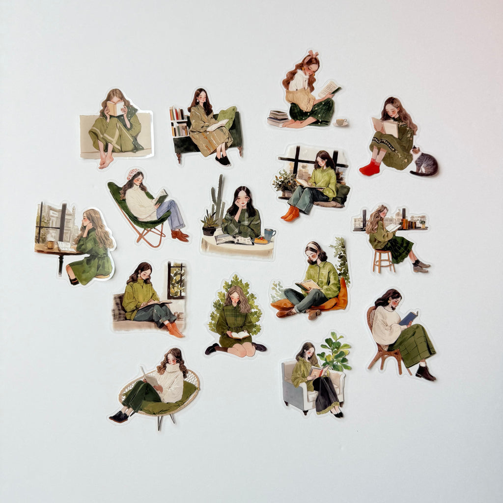 Green Reading Escape – Calm Nature Sticker Set (15 pcs) 🌿📖
