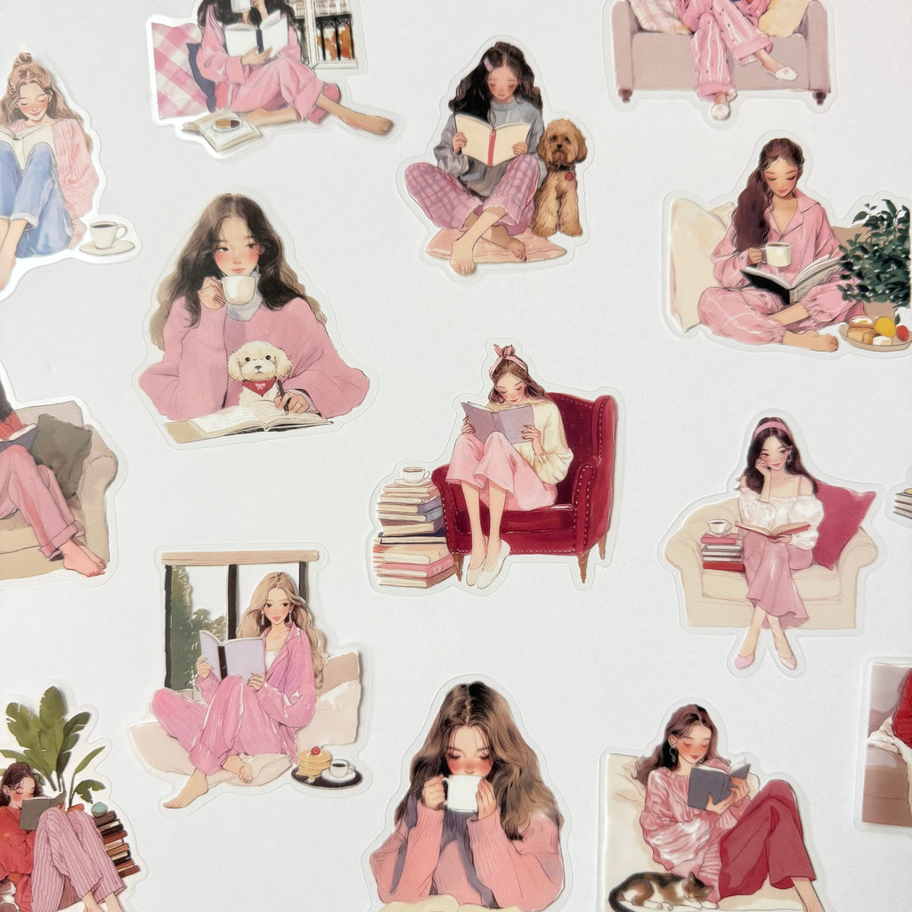 Pink Cozy Evenings – Self-Care Reading Sticker Set (15 pcs) 🌸📖