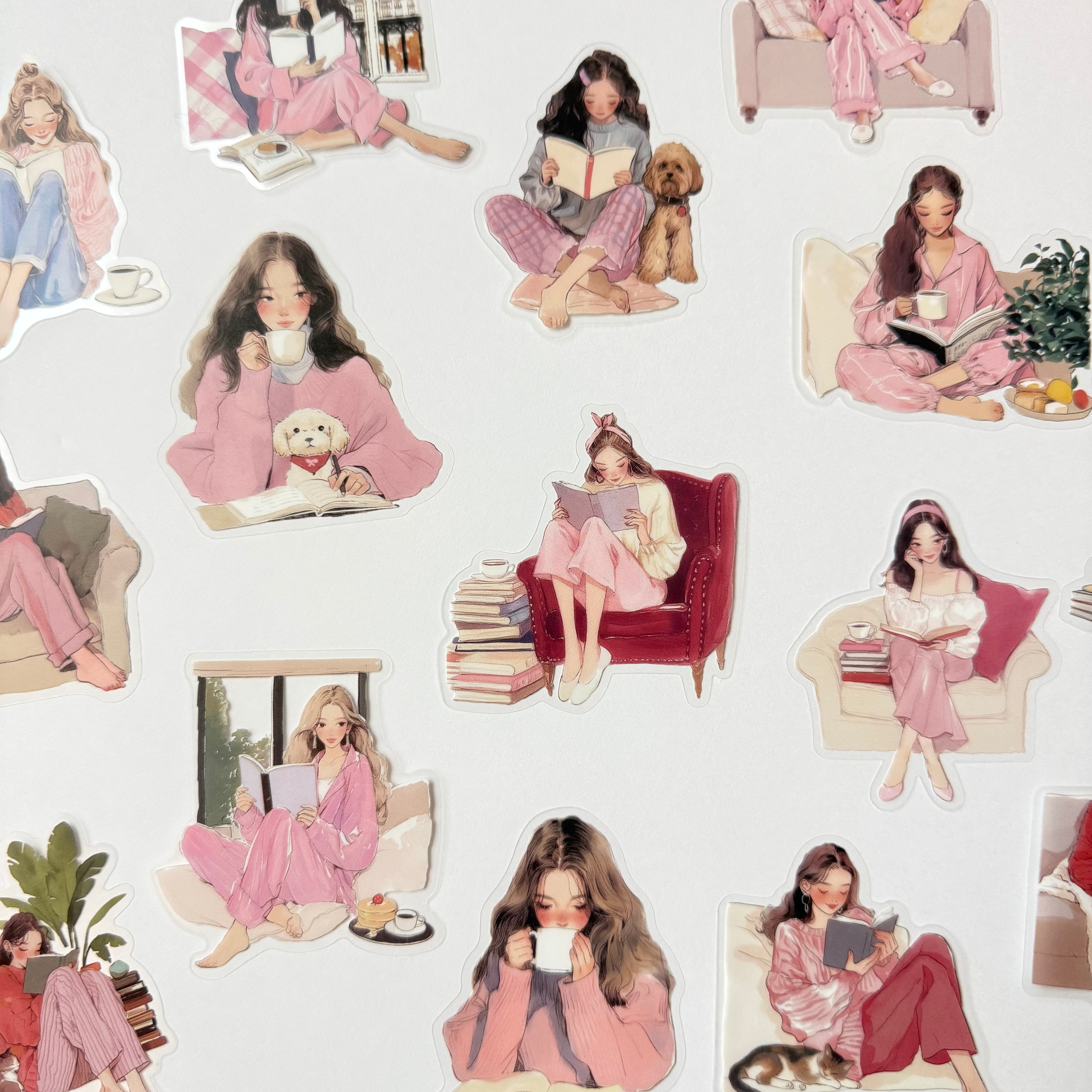 Pink Cozy Evenings – Self-Care Reading Sticker Set (15 pcs) 🌸📖