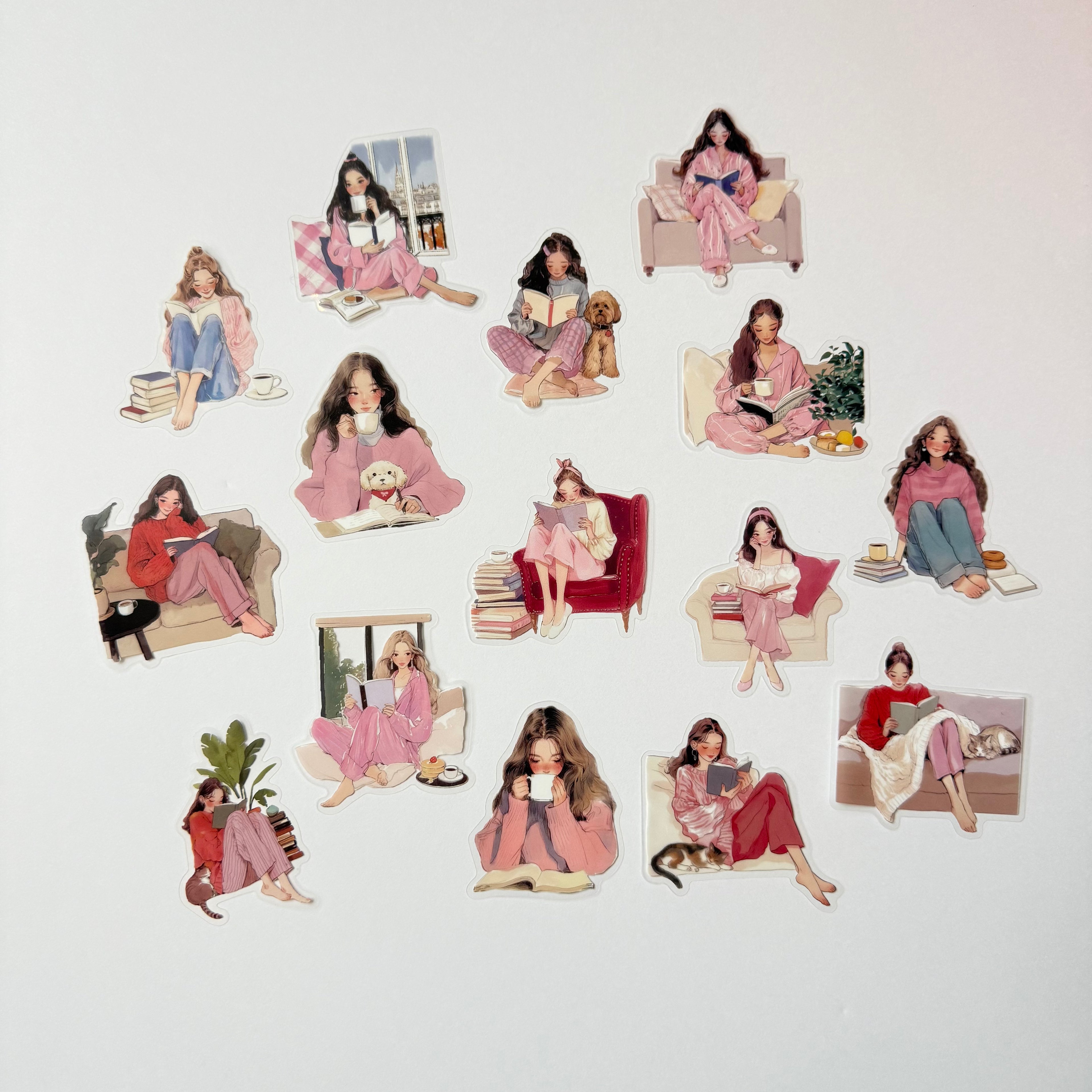 Pink Cozy Evenings – Self-Care Reading Sticker Set (15 pcs) 🌸📖