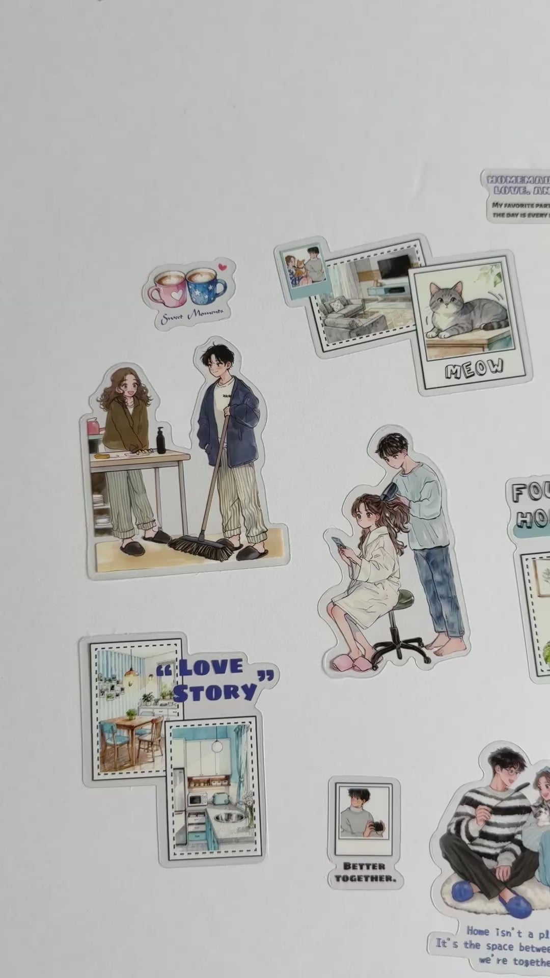 💕 Cozy Everyday Love – Romantic Home Sticker Set (15 pcs) ☕🐾